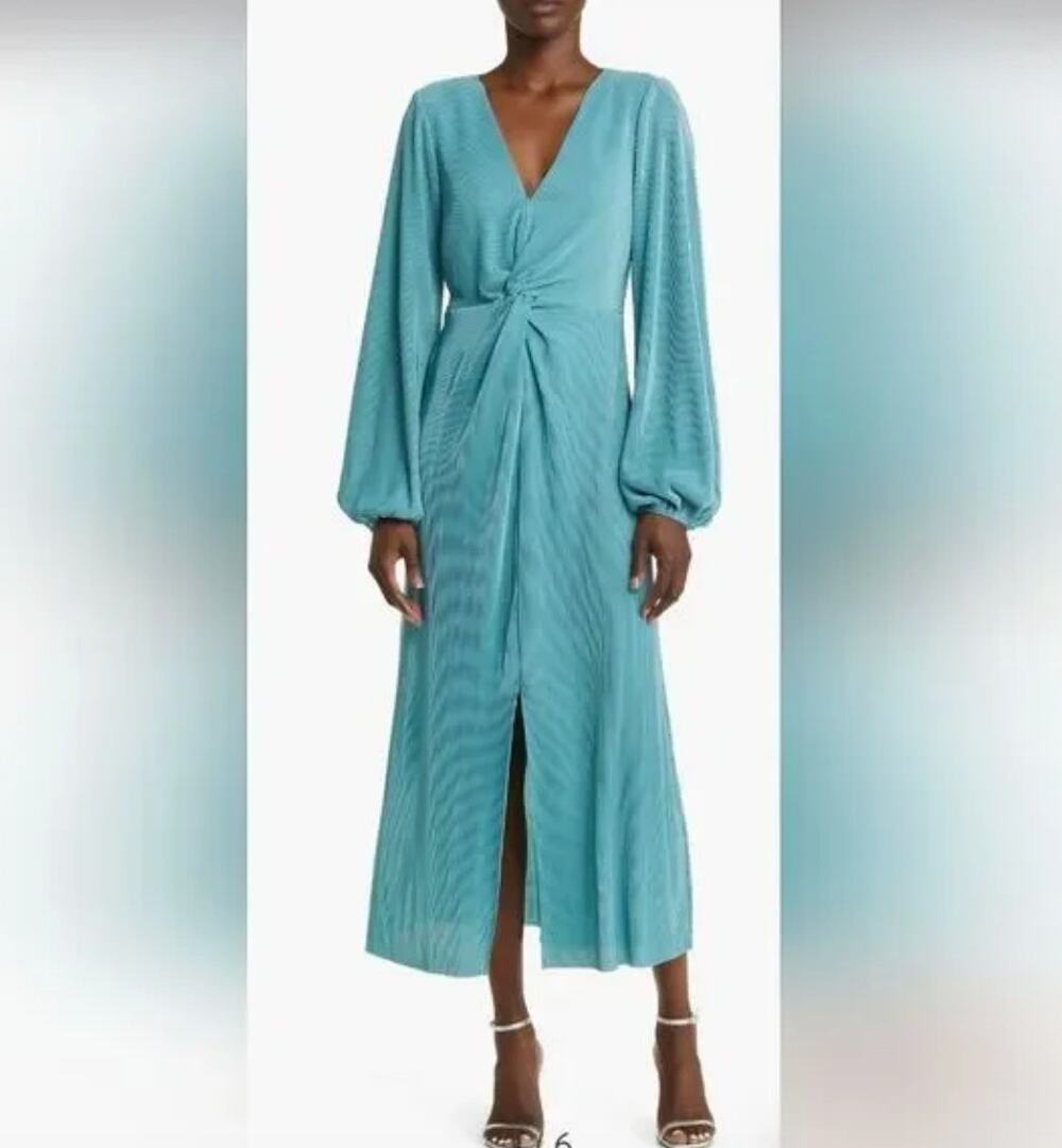 FLORET STUDIOS V-Neck Long Sleeve Plisse Pleated Midi Dress Teal Blue Size XS